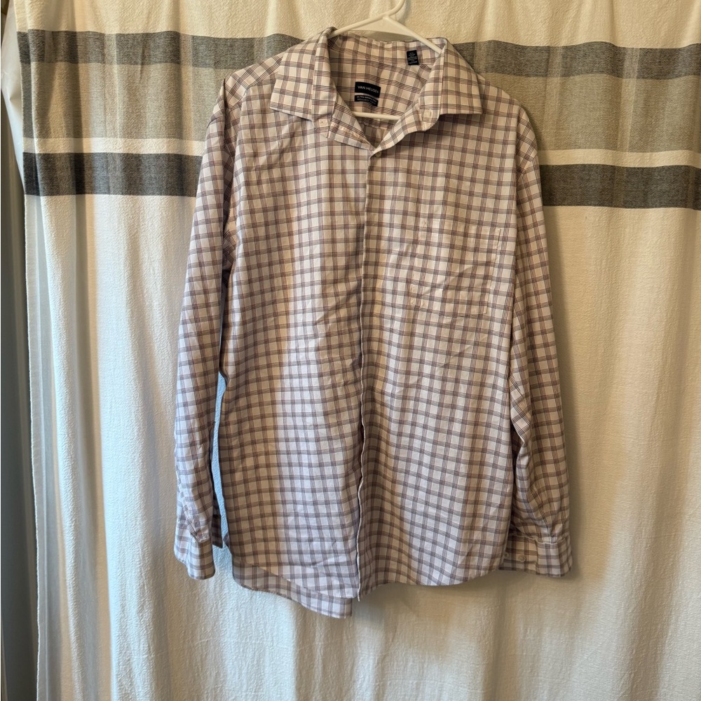 Classic Van Heusen White Plaid Shirt with Red and Black Stripes